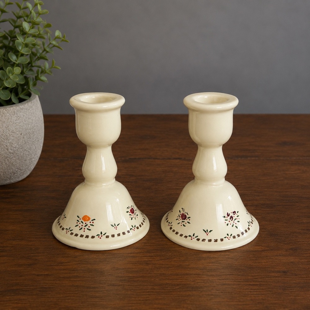 Vintage Colonial‎ Candle Ceramic Candlestick Holders Floral Holly Cottagecore